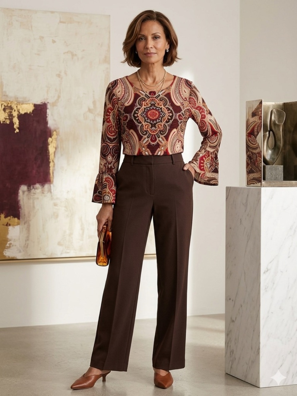 Chico’s Red & Brown Paisley Bell Sleeve Blouse - Size 2 (Large)